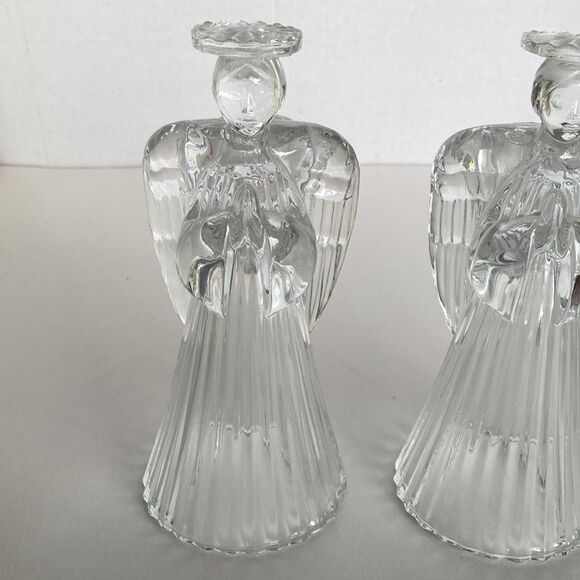 Vintage Clear Glass Lead Crystal Angel Taper Candle Stick Holders Set 2 Holiday - Picture 4 of 15